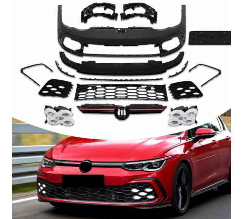 VW Golf 8 GTI stiliaus priekinis bamperis su LED rūko žibintais